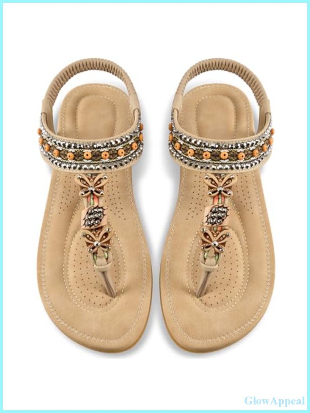 Faux Leather Flat Sandals with Beaded T-Strap & Ankle Strap